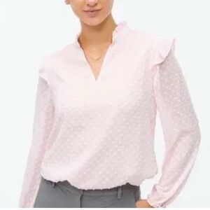 Womens J.Crew Swiss Dot V-Neck‎ Pink Lined Ruffled Sheer Top Shirt
